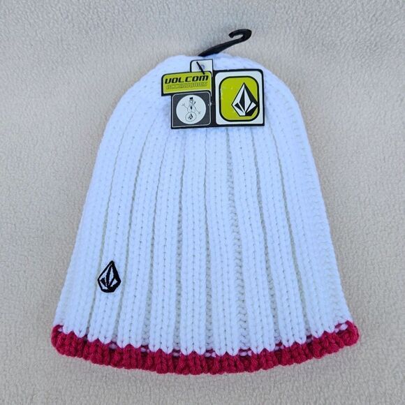 Volcom White with Hot Pink Trim Chunky Knit Beanie - Picture 1 of 10